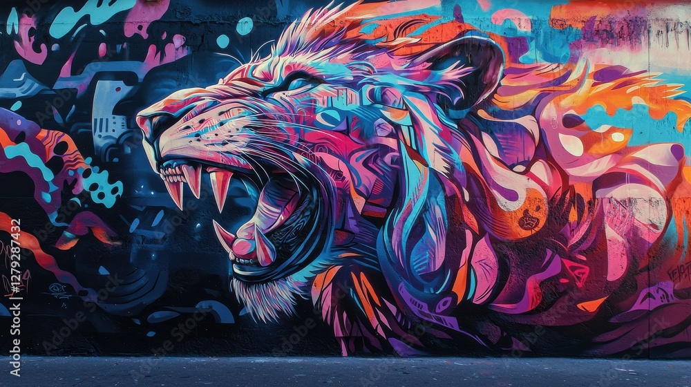 Fototapeta premium Colorful Lion Mural with Vibrant Abstract Art and Urban Style