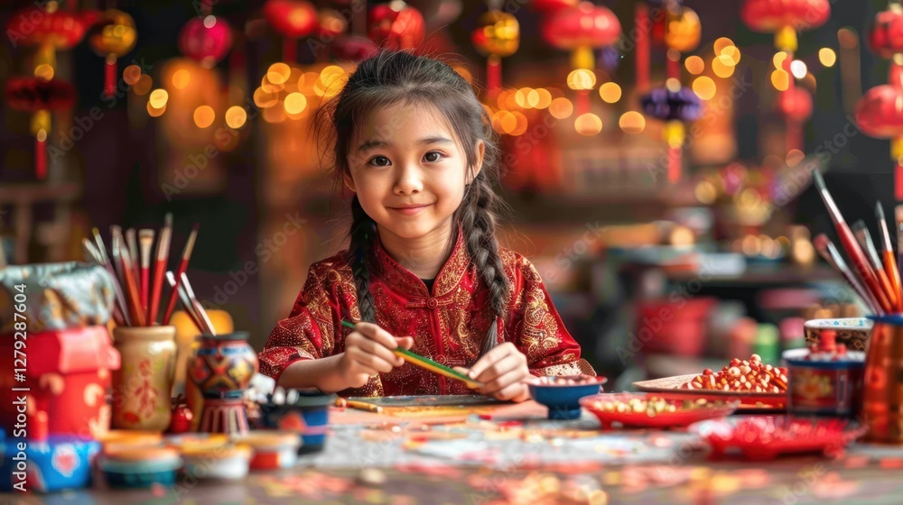 Cute little girl in traditional Chinese attire, focused on art activity with festive decorations around her. Cute little girl in traditional Chinese attire, focused on art activity with festive decorations around her.