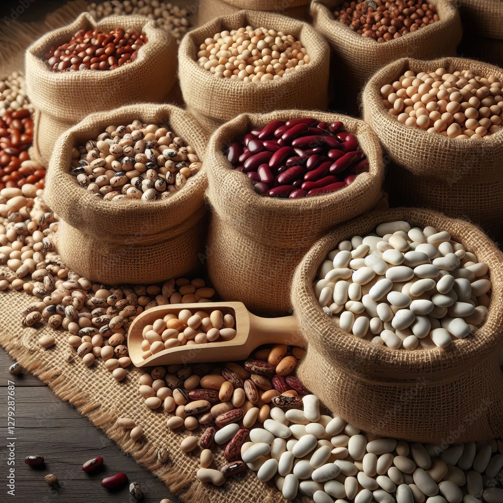 Fototapeta premium Several burlap sacks are overflowing with different types of beans and legumes.