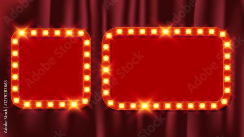 Set of square and rectangle glowing retro light box vintage frame vector with red curtain