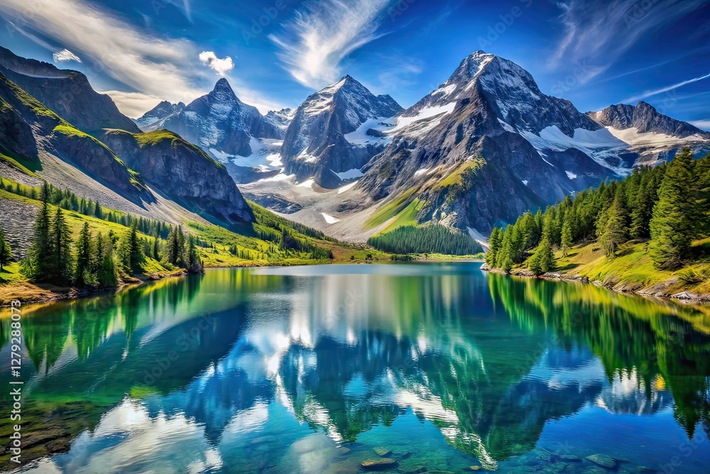 Fototapeta premium Snowy Peaks, Mountain Lake, Blue Sky, Scenic Landscape