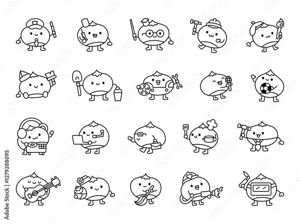 Fototapeta premium Chestnut professions cartoon set with cute kawaii characters holding different tools, equipment, objects, accessories, and items