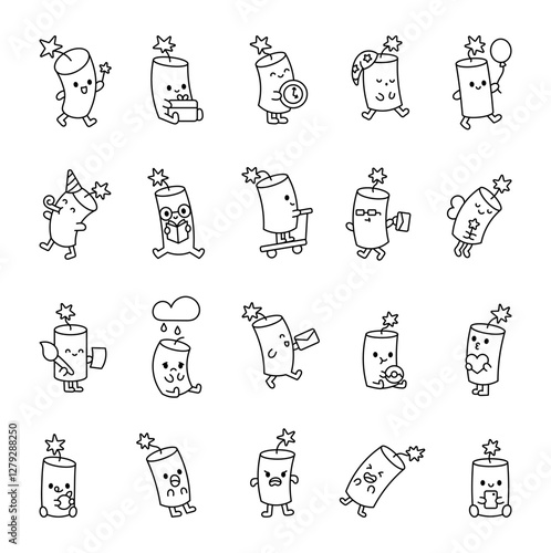 Dynamite cute kawaii cartoon character set showcasing fun emotions and actions, including celebrating with a party hat, reading a book, riding a scooter, sleeping with a nightcap, and more.