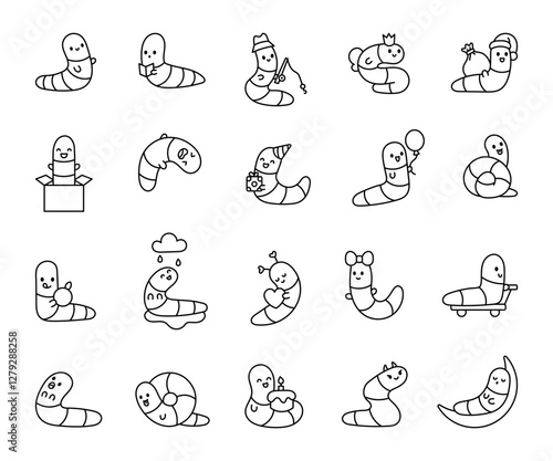 Adorable worm character set showcasing cheerful emotions, playful activities, festive celebrations, exciting adventures, and delightful expressions in a charming cute kawaii cartoon style.