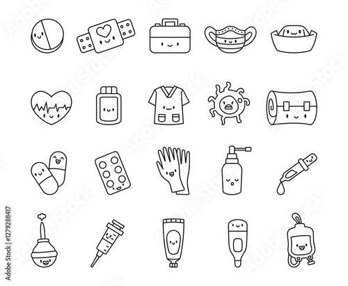 Medicine health set featuring cute kawaii cartoon characters with pills, bandages, nurse hats, syringes, gloves, sprays, thermometers, and smiling medical tools for healthcare support