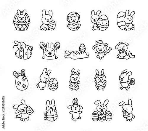 Easter bunny set with adorable cartoon characters holding eggs, sitting in basket, wearing hat and bow, smiling, feeling surprised, crying, and celebrating a cheerful holiday