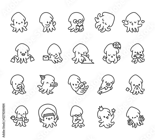 Squid emotions set featuring cute kawaii cartoon characters in various poses with accessories, fantasy elements, festive decorations, playful activities, and charming illustrations