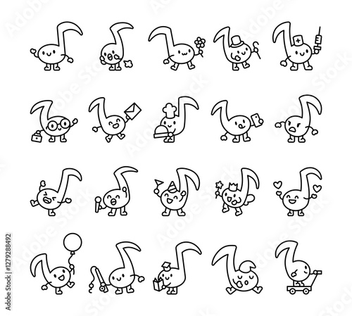 Musical note character set expressing emotions and activities with a heart, smartphone, fishing rod, bowler hat, balloon, envelope, scooter, microphone, and a peaceful sleeping pose