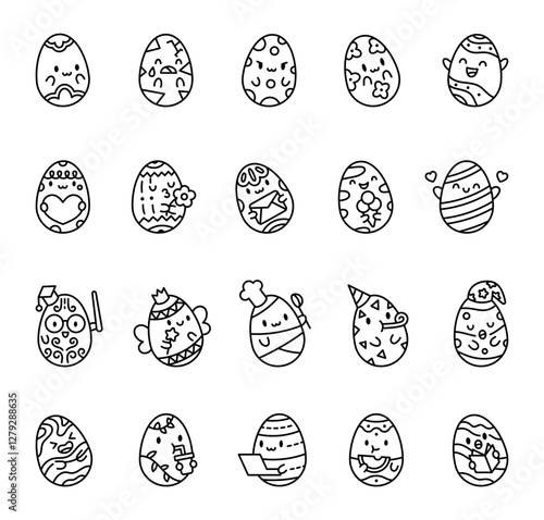 Adorable easter egg holiday set with cute kawaii cartoon characters for celebration and decoration including emotions, food, drinks, gifts, magic, learning, sleeping, and laughing