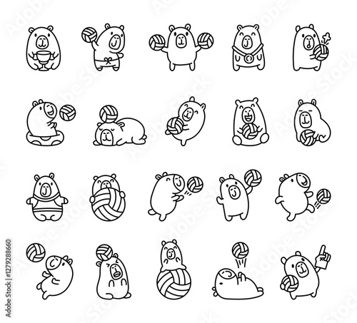 Capybara volleyball set featuring adorable athletes in various poses, playing with balls, wearing sports outfits, celebrating victories, and expressing different emotions