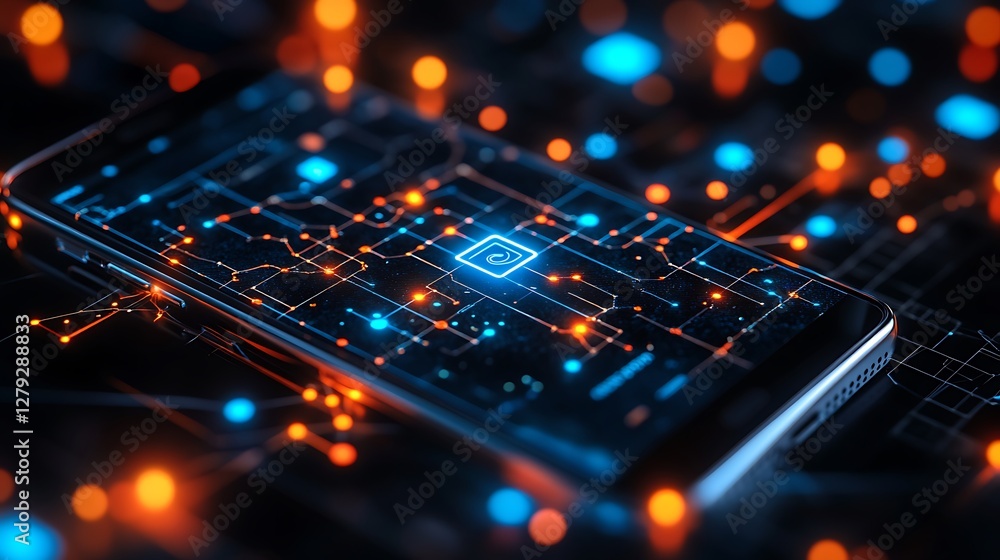 A phone screen featuring a vibrant anonymizing network with user profiles protected by connected encrypted nodes A phone screen featuring a vibrant anonymizing network with user profiles protected by connected encrypted nodes