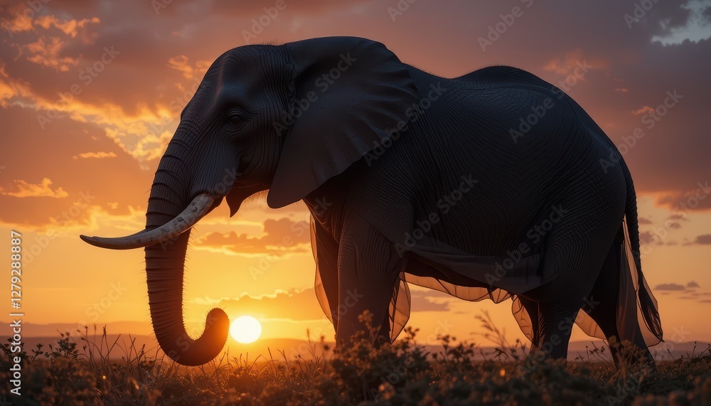 Fototapeta premium Majestic Elephant Silhouette Against Vibrant Sunset Sky
