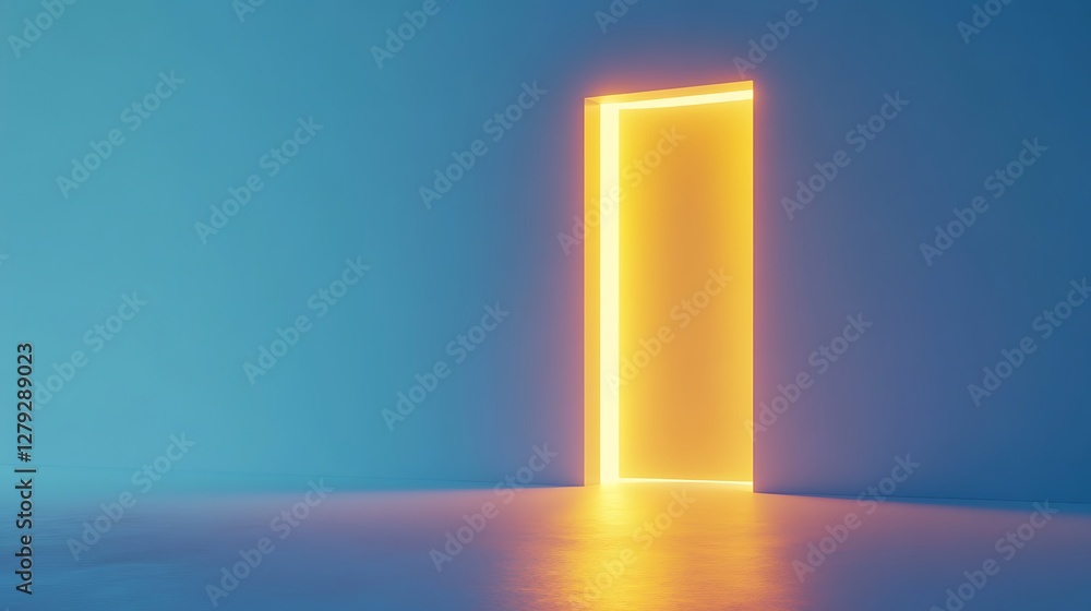 Glowing neon doorway in a blue room. Glowing neon doorway in a blue room.