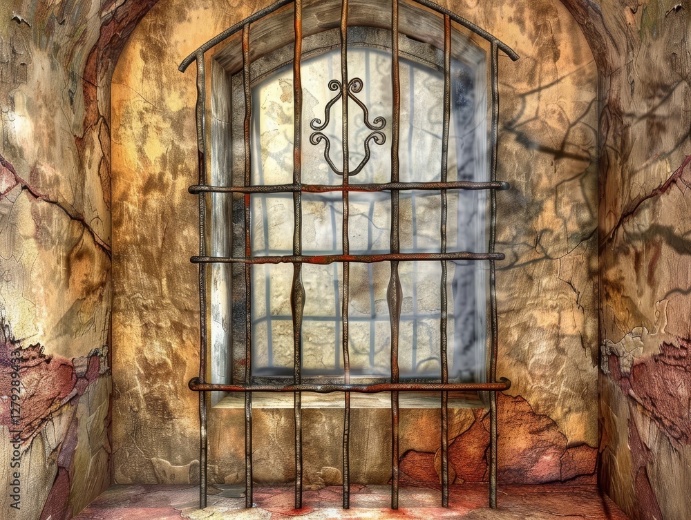 Window with metal bars evoking isolation and tension through detailed textures and design Window with metal bars evoking isolation and tension through detailed textures and design