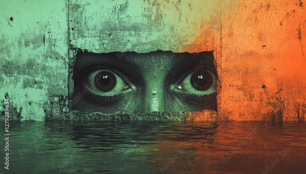 Sinister face lurking behind a wall in eerie horror poster with green and orange gradient background Sinister face lurking behind a wall in eerie horror poster with green and orange gradient background
