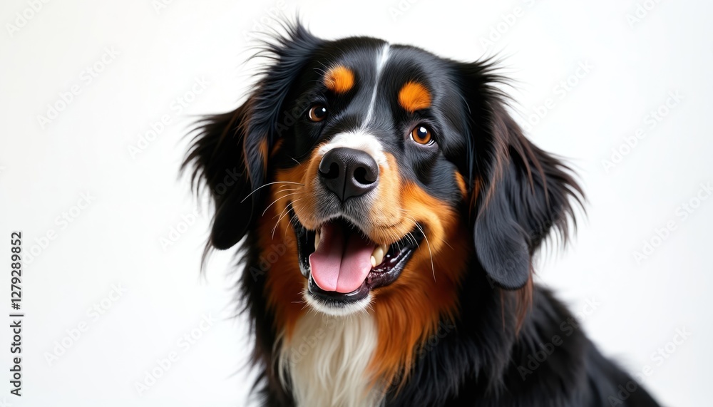 Playful Bernese Mountain Dog with happy expression. Cute purebred puppy portrait. Black, brown, white long-haired dog smiles with open mouth. Friendly pet animal looks to camera isolated on white Playful Bernese Mountain Dog with happy expression. Cute purebred puppy portrait. Black, brown, white long-haired dog smiles with open mouth. Friendly pet animal looks to camera isolated on white