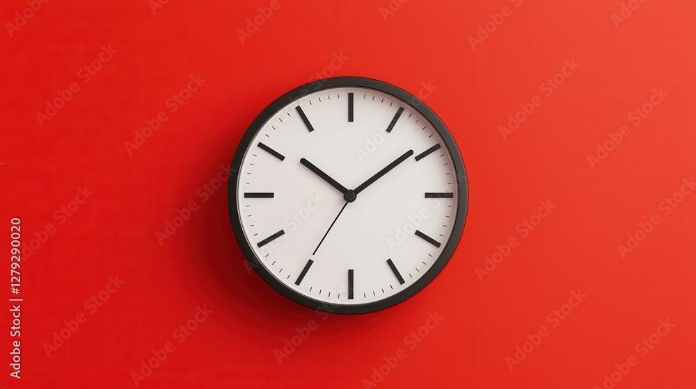 A simple wall clock with black hands and markers against a vibrant red background. A simple wall clock with black hands and markers against a vibrant red background.