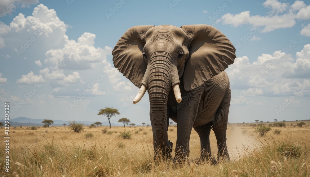 Obraz premium Majestic African Elephant Standing in the Savanna Under Blue Sky