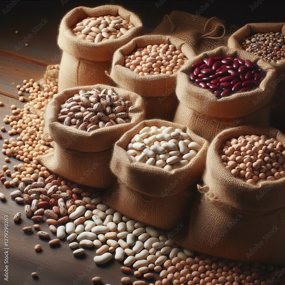 Fototapeta premium Several burlap sacks are overflowing with different types of beans and legumes.&nbsp; 
