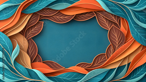 Elegant Paper Cut Frame: 3D Render with Teal and Orange Ribbons