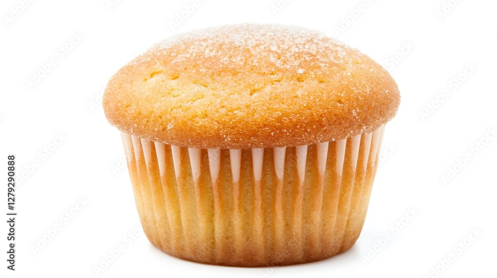 Golden Muffin with Powdered Sugar Topping in White Paper Cup on White Background Golden Muffin with Powdered Sugar Topping in White Paper Cup on White Background
