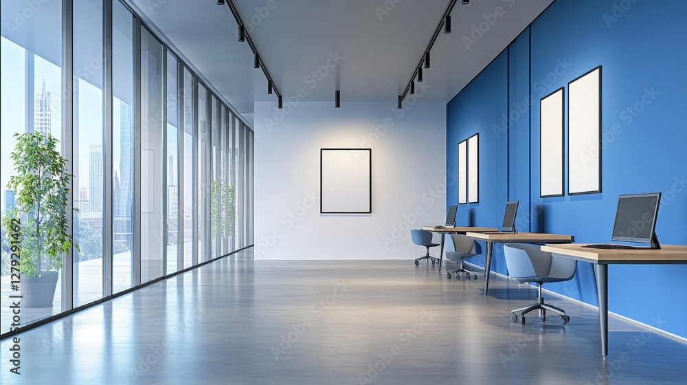 Fototapeta premium Stylish Modern Workspace Featuring Private Booths in a Tranquil Blue Atmosphere at a Contemporary Office Building
