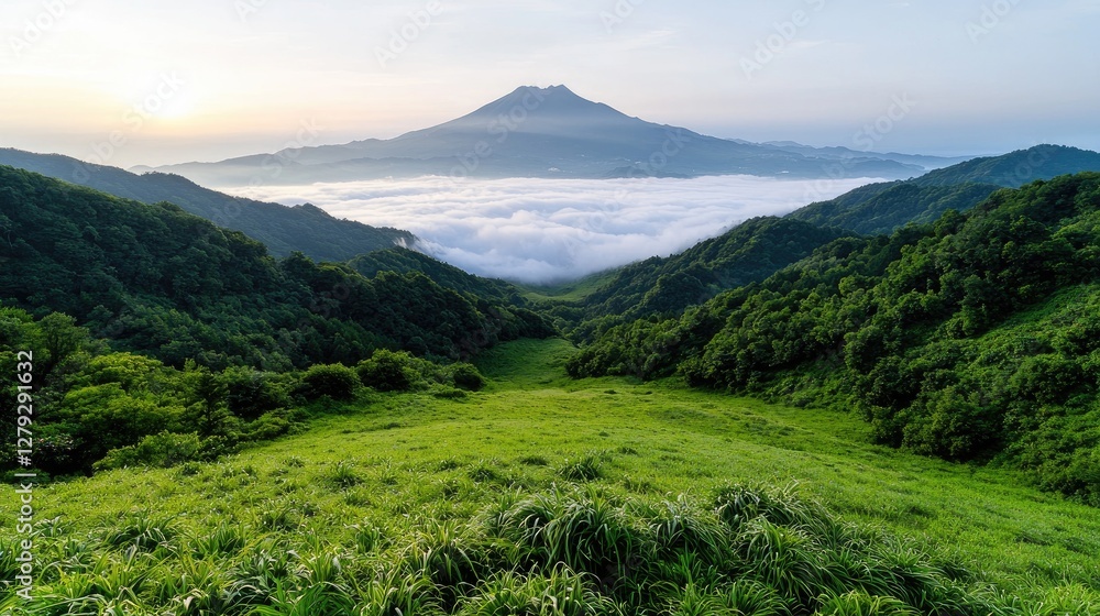 Naklejka premium Sunrise over mountain valley, sea of clouds, green hills. Peaceful landscape for travel brochure