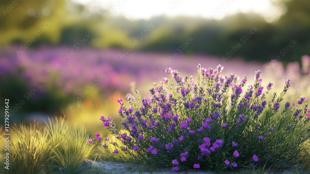 Obraz premium A beautiful lavender plant with bright purple flowers in the front. In the background, there is a field of lavender flowers that are a bit blurry.