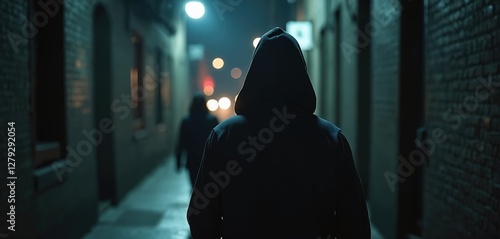 Back of man in hood follows woman walking dark narrow street at night. Concept of crime, stalking and assault. Silhouette of scary figure lurks in dark alley, chases victim in city. Danger and fear.