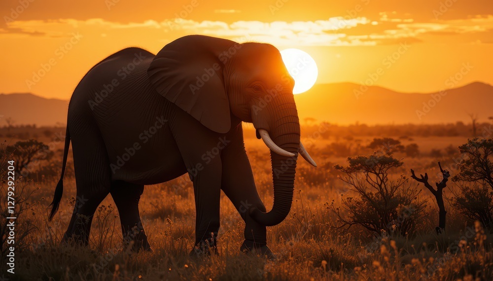 Naklejka premium Majestic Elephant Silhouetted Against Vibrant Sunset Landscape