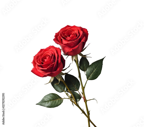A romantic Valentine's Day scene showcasing two red roses on a pristine white background, perfect for card design and wedding applications. PNG
