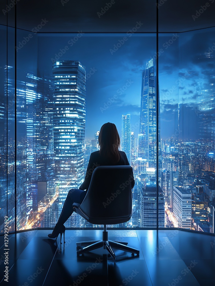 Fototapeta premium Silhouetted Woman Observing Illuminated City Skyline Through Glass Window at Night
