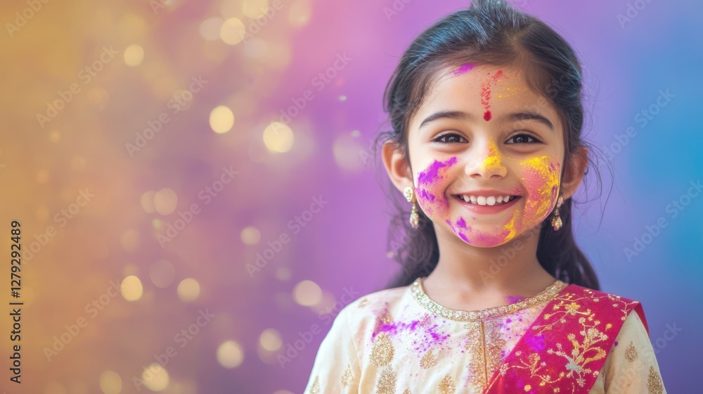 Holi Rangpanchmi Portrait of a young girl in a colorful salwar kameez, smiling brightly with colorful powder smeared across her face, with a soft purple and blue background transitionin Holi Rangpanchmi Portrait of a young girl in a colorful salwar kameez, smiling brightly with colorful powder smeared across her face, with a soft purple and blue background transitionin