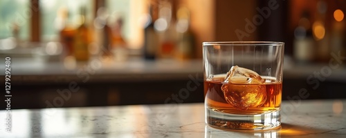 Close up of whiskey glass with ice cube on marble bar counter against blurred background. Elegant drink concept for eatery, pub, lounge, nightlife, party or celebration, upscale service.