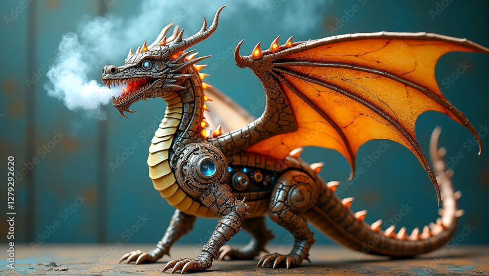 A clockwork dragon, its wings unfolding like metal origami, breathing steam instead of fire A clockwork dragon, its wings unfolding like metal origami, breathing steam instead of fire