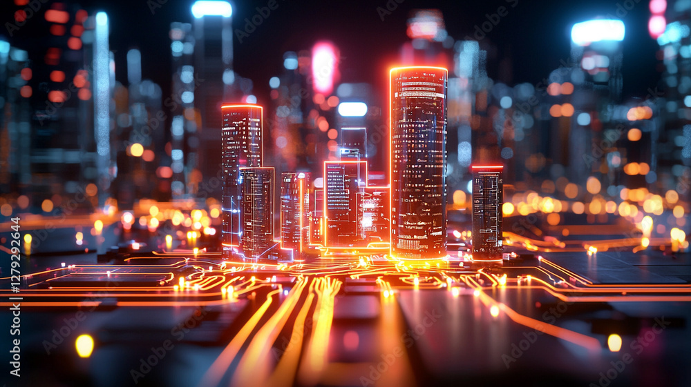 Obraz premium Futuristic Cityscape at Night with Illuminated Skyscrapers and Digital Circuit Patterns