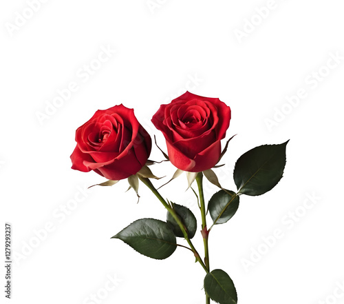 A romantic Valentine's Day scene showcasing two red roses on a pristine white background, perfect for card design and wedding applications. PNG