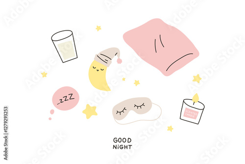 Set of comfy sleeping items isolated on white background. Flat Vector illustration of good night concept. Comfortable objects; pillow, sleeping eye pad, scented candle, cute moon and warm milk.
