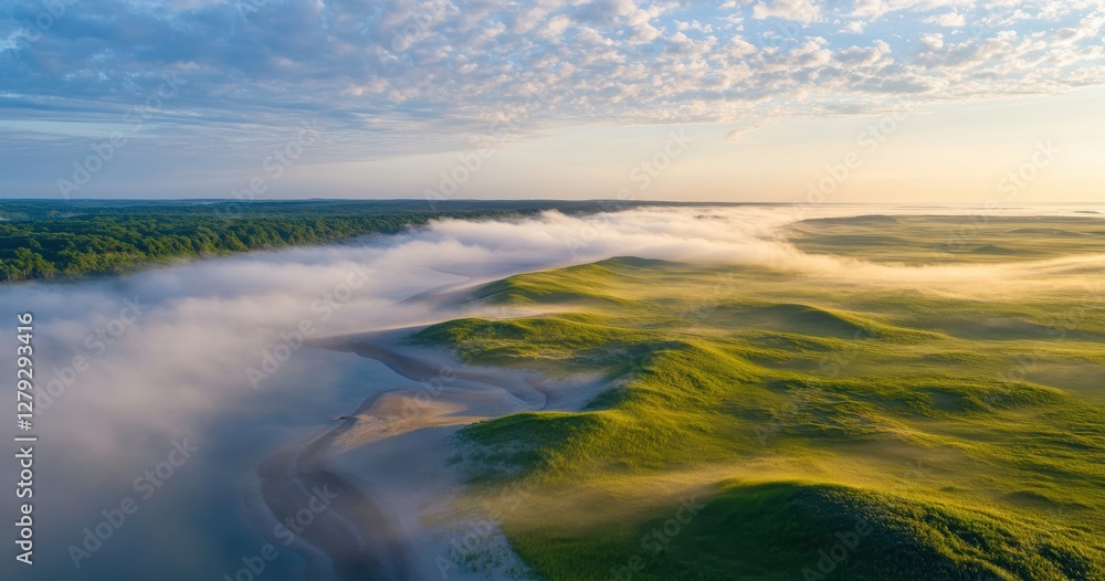 Serene Aerial View of Lush Green Hills and Foggy Landscape at Sunrise Serene Aerial View of Lush Green Hills and Foggy Landscape at Sunrise