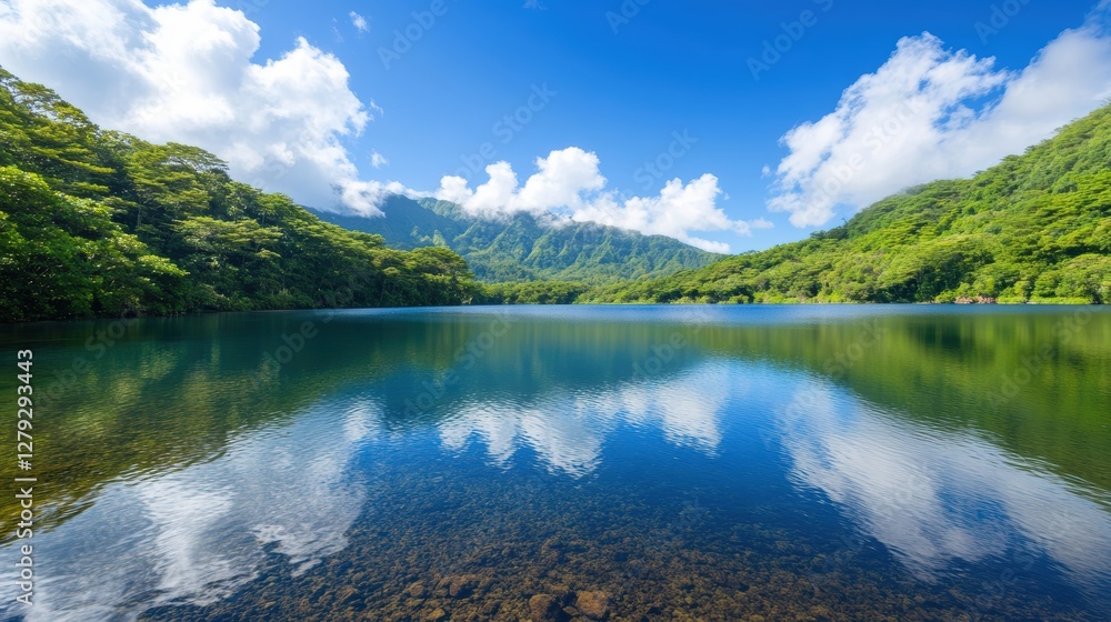 Serene Lake Surrounded by Lush Green Forests Under Blue Sky Serene Lake Surrounded by Lush Green Forests Under Blue Sky