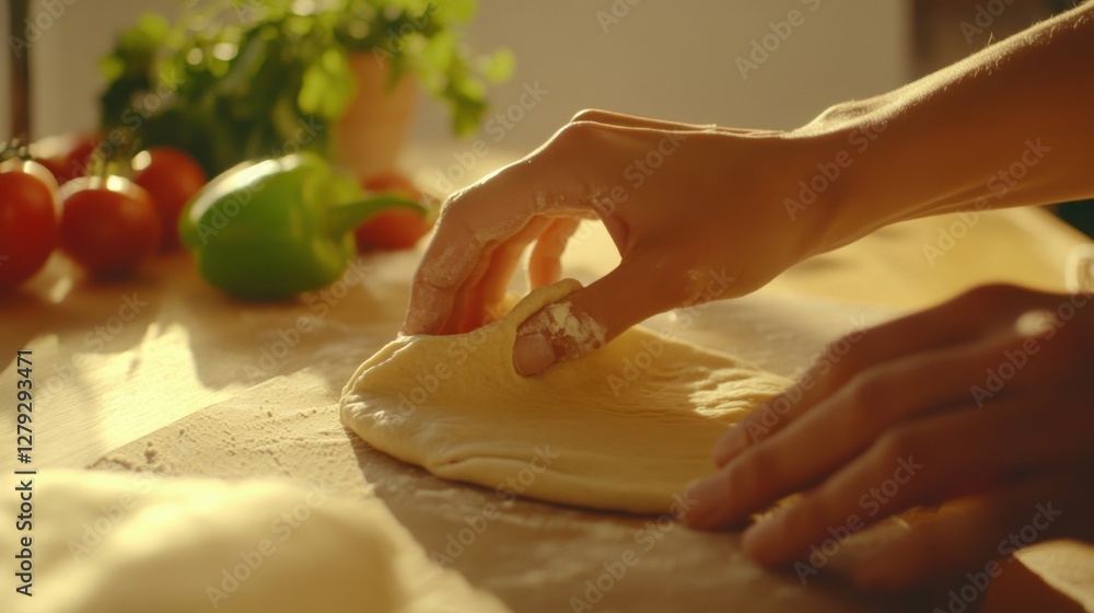 Homemade Pizza Preparation with Fresh Ingredients in Rustic Kitchen Setting Homemade Pizza Preparation with Fresh Ingredients in Rustic Kitchen Setting
