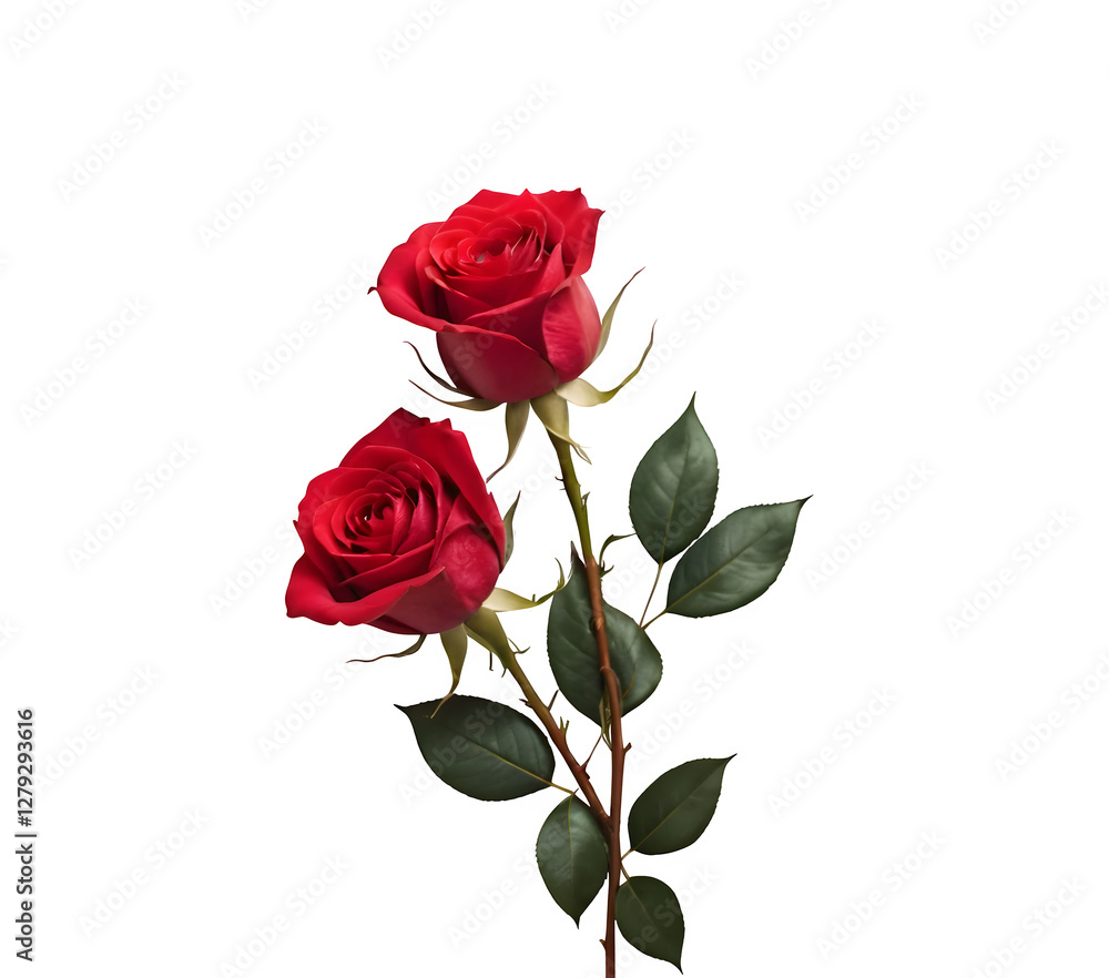 A romantic Valentine's Day scene showcasing two red roses on a pristine white background, perfect for card design and wedding applications. PNG A romantic Valentine's Day scene showcasing two red roses on a pristine white background, perfect for card design and wedding applications. PNG