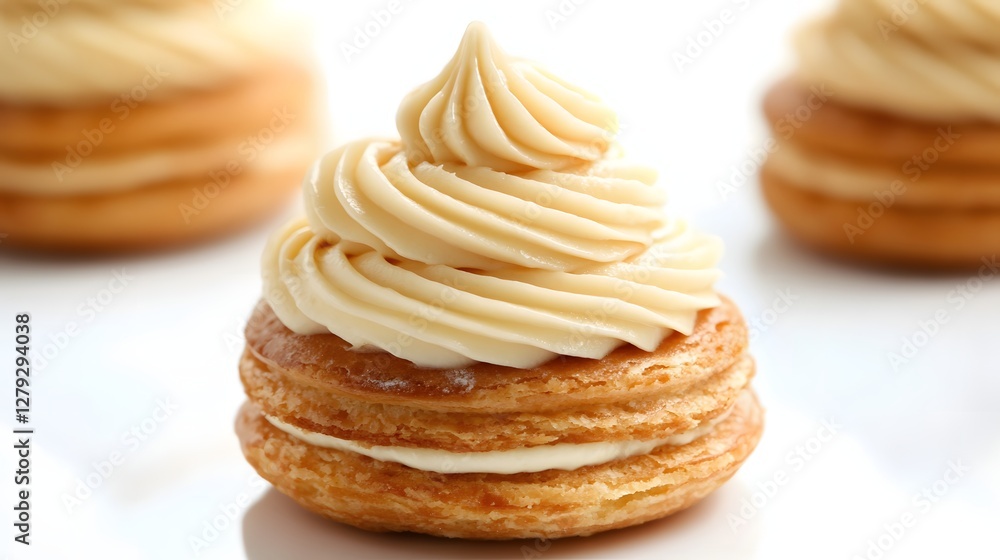Close Up Of Golden Layered Pastry Stacked with Vanilla Cream on a White Background Close Up Of Golden Layered Pastry Stacked with Vanilla Cream on a White Background