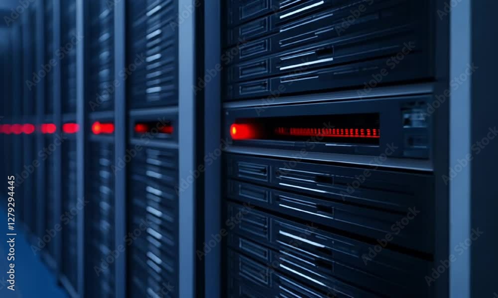 A close-up of modern data servers with illuminated lights, showcasing cutting-edge technology in a data center A close-up of modern data servers with illuminated lights, showcasing cutting-edge technology in a data center