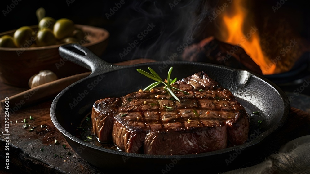 A moody food photography shot of a sizzling steak on a cast-iron skillet, with strong directional lighting creating deep shadows and highlights, enhancing the meat's sear