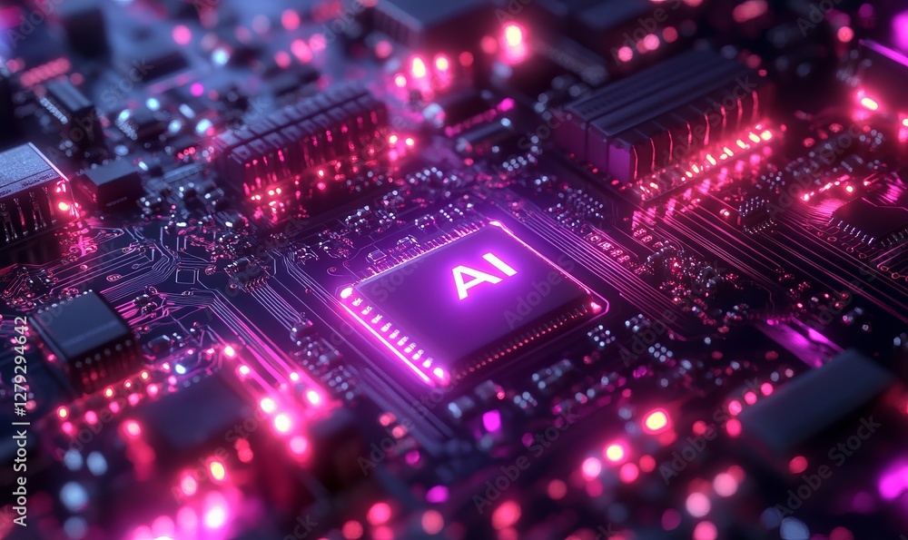 Futuristic neon-lit circuit board with Ethical AI text highlighting the importance of morality in artificial intelligence development Futuristic neon-lit circuit board with Ethical AI text highlighting the importance of morality in artificial intelligence development