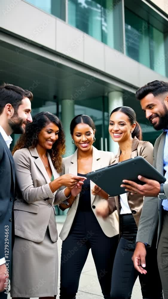 Vertical video of diverse Business team discussing using on tablet outside office Vertical video of diverse Business team discussing using on tablet outside office