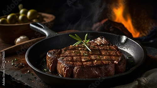 Obraz na płótnie A moody food photography shot of a sizzling steak on a cast-iron skillet, with strong directional lighting creating deep shadows and highlights, enhancing the meat's sear w salonie