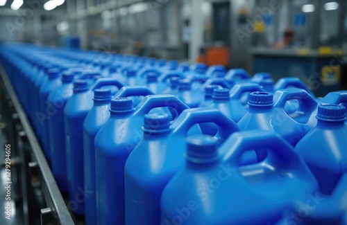 Automated production line with blue gallon plastic bottles moving on conveyor. Lubricant liquid in plastic tanks transported in factory, manufacturing plant. Automated industrial process, modern