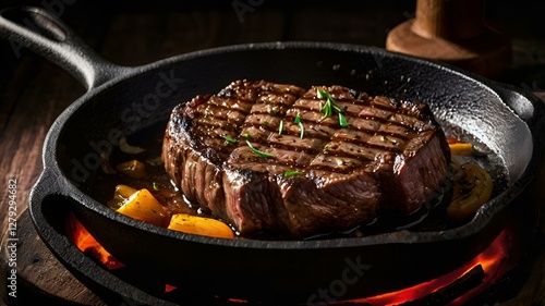 Obraz na płótnie A moody food photography shot of a sizzling steak on a cast-iron skillet, with strong directional lighting creating deep shadows and highlights, enhancing the meat's sear w salonie
